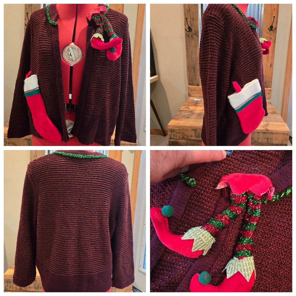 Upcycled Christmas Shrug Sweater M-L Elf Legs Stocking